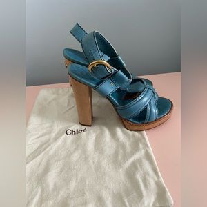 New Chloe Wood Chunky High Heel Leather Sandals with dust bag Size 40.5